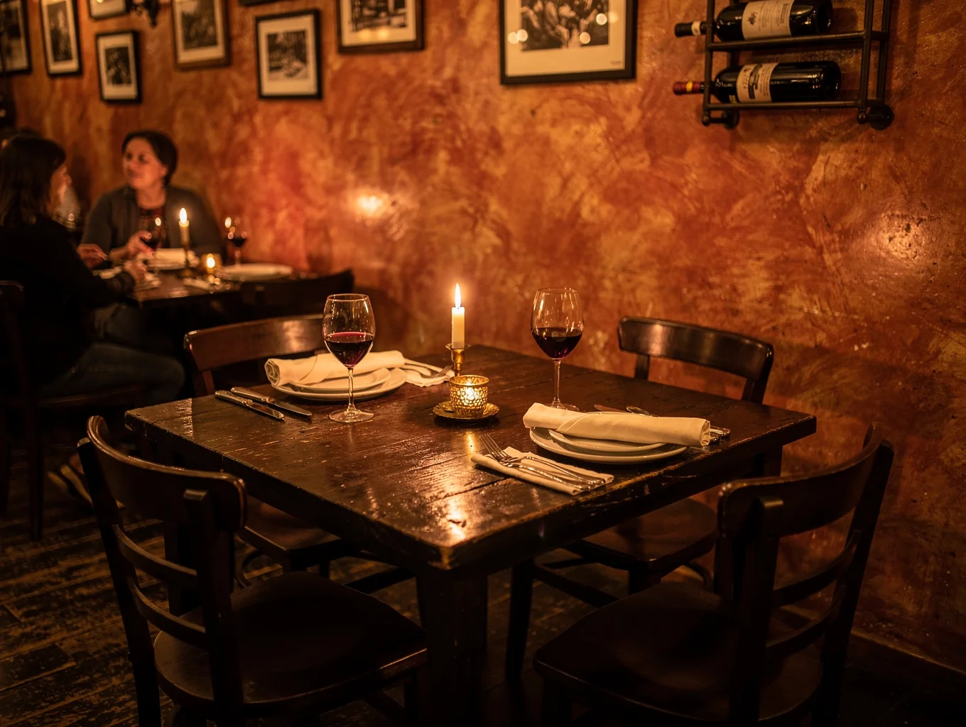 Warm, candlelit dining room at CUCINA with rustic timber and stone textures
