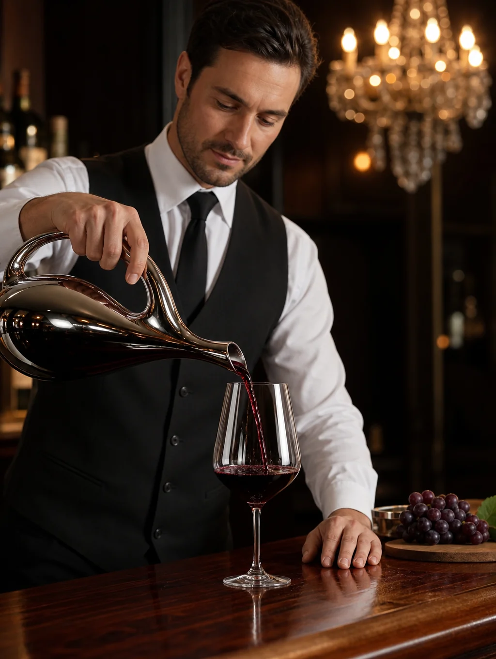 Sommelier pouring a glass of aged Italian red wine at a table